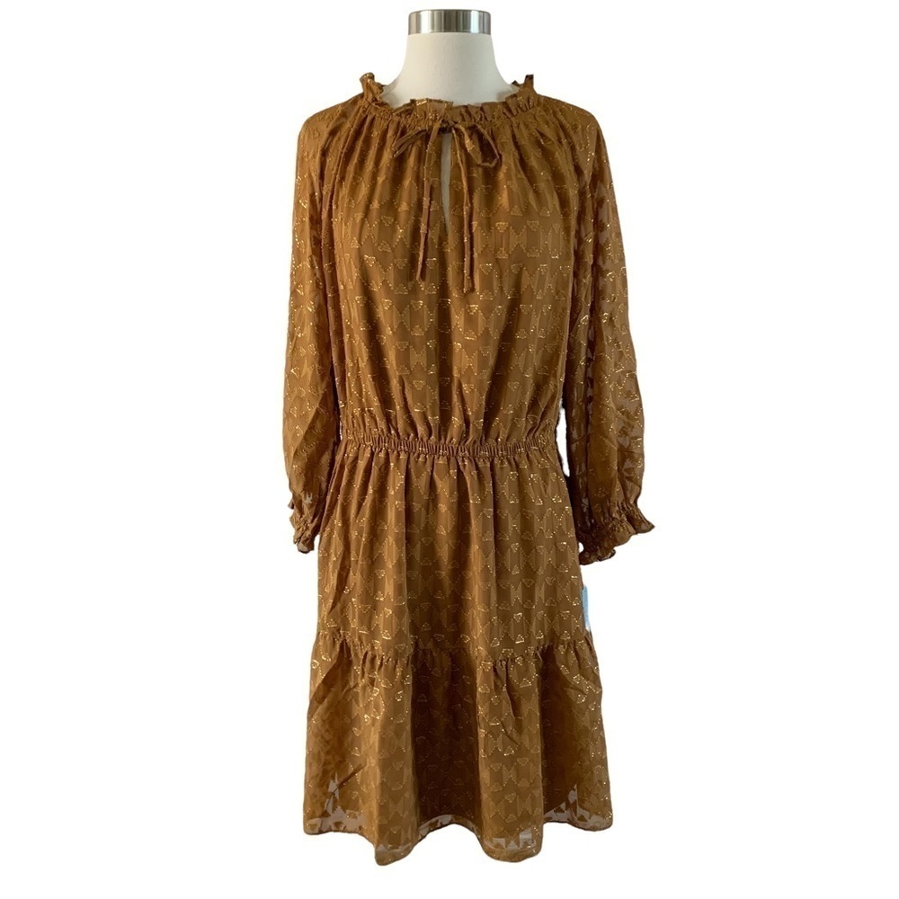 London Times Aztec Burnout Ruffle Dress In Terracotta With Gold Threading Sz. 12 - Picture 5 of 13
